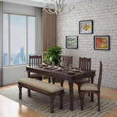 Ajmer Solid Sheesham Wood 6 Seater Dining Set With Bench (With Cushion, Walnut Finish)